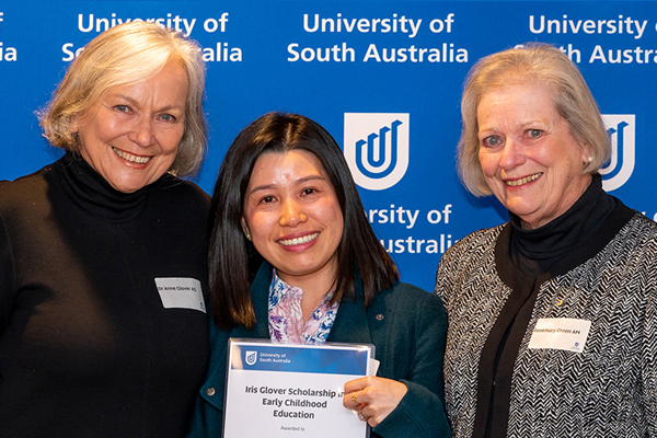 Donors Dr Anne Glover AO and Rosemary Green AM congratulate Thi Thanh Tam Nguyen, recipient of the Iris Glover Scholarship in Early Childhood Education