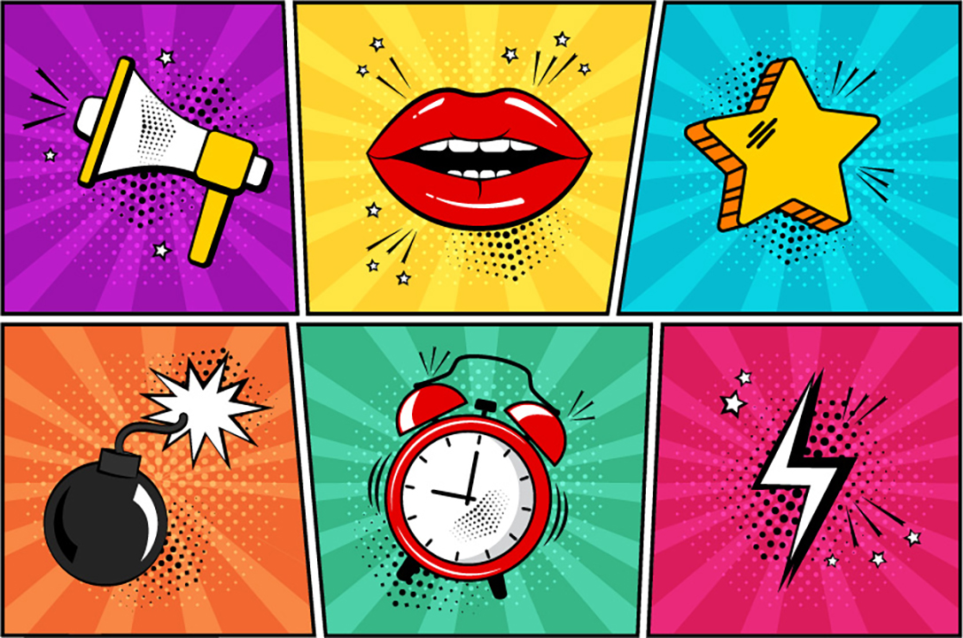 Comic illustrations: megaphone; lips; star; bomb; alarm clock; lightening bolt