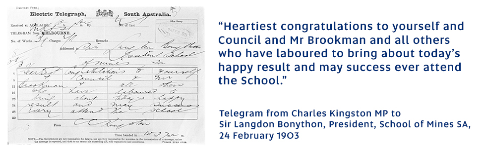 Telegram from Charles Kingston MP to Sir Langdon Bonython congratuling him, Council, Mr Brookman and all those who laboured towards the opening of the Brookman Building