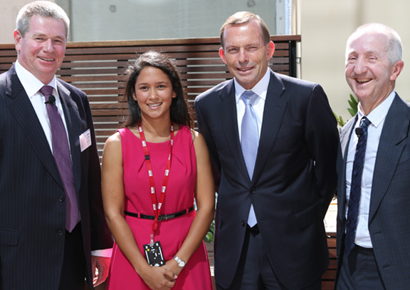 Sarah at the opening of Bendigo and Adelaide Bank’s new head office alongside Chairman, Managing Director, and the (then) Prime Minister, Tony Abbott.